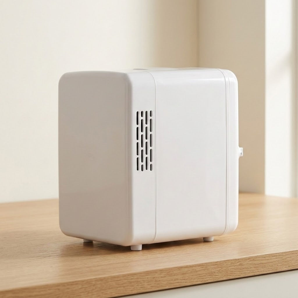 A small white cube-shaped portable heater or cooler with ventilation slots on the side, sitting on a light wooden surface against a soft beige background.