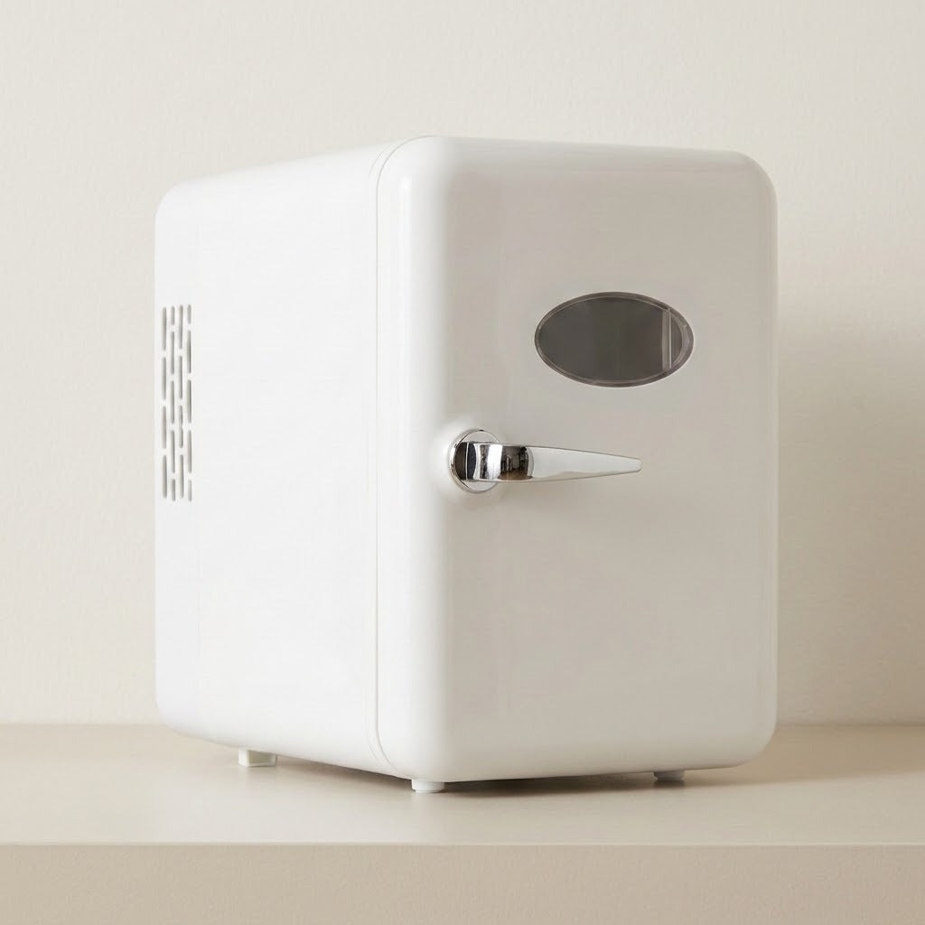 A retro-style white mini refrigerator with a silver handle and oval door window, sitting on a light beige surface against a matching beige background.