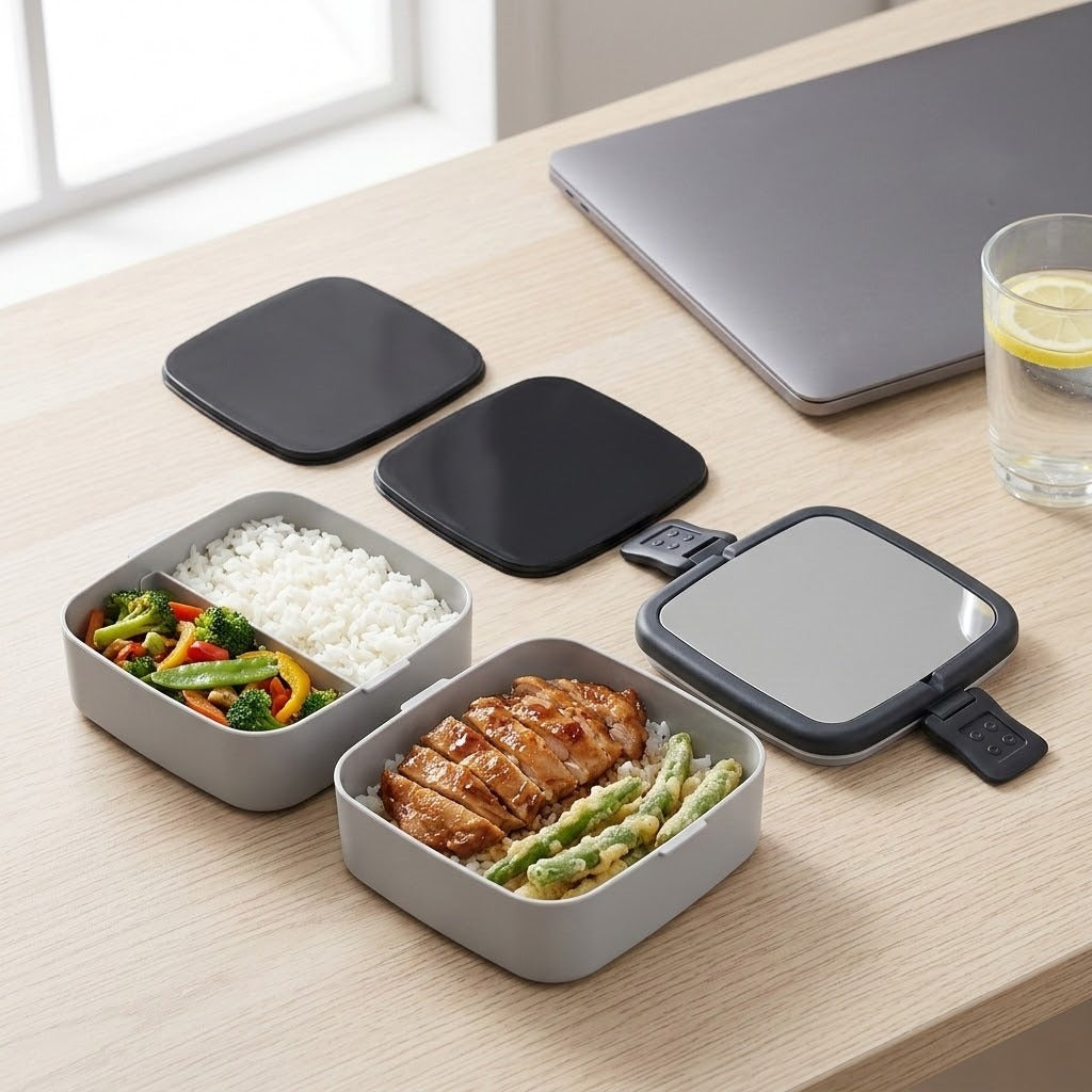 Gray square bento food containers with black lids on a light wood desk, shown with prepared meals and a laptop in a real indoor setting.