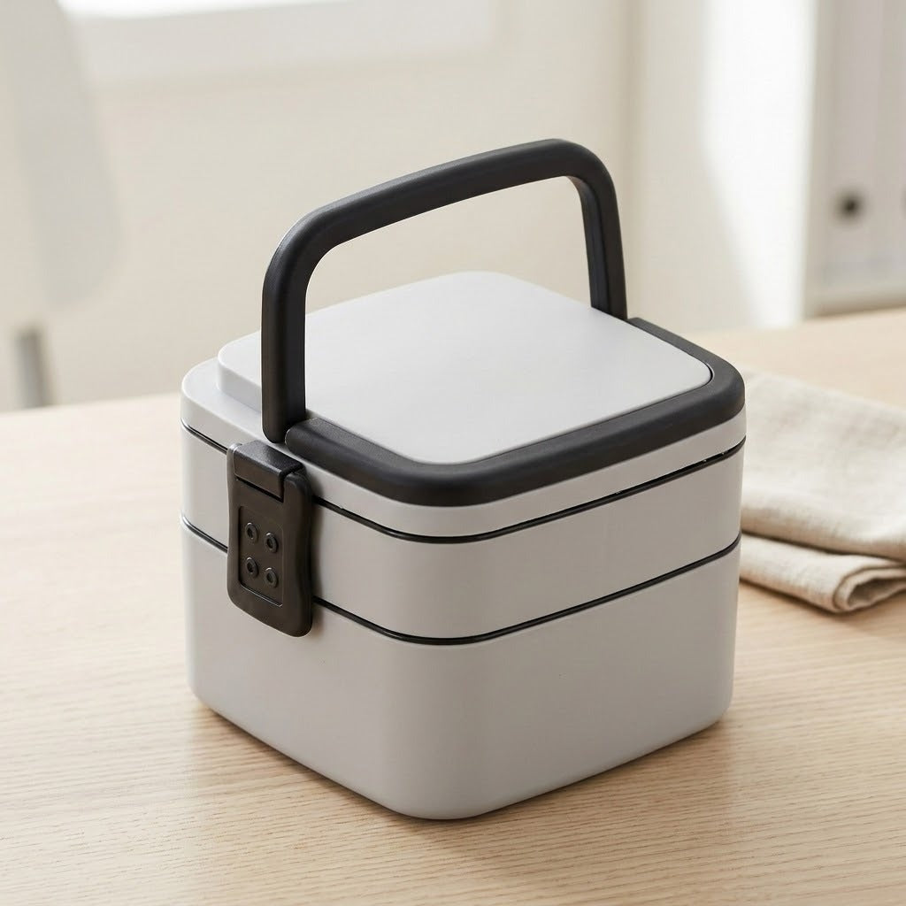 A square white and black insulated lunch box with a handle, shown on a light wood table with a folded cloth in the background.