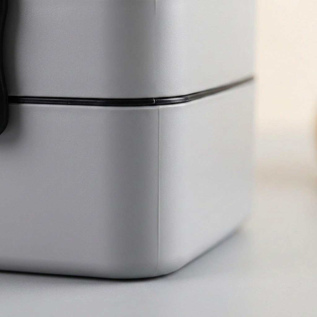 Close-up of a light gray square container or box with a matte finish, a thin black horizontal band around the middle, and a small black loop on the left side, photographed on a light neutral background.