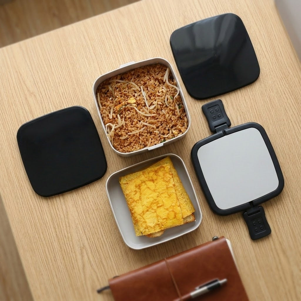 A square metal bento-style lunch box set arranged on a light wood table, with food inside and four black lids or cover pieces placed around it. A notebook and pen are partially visible at the bottom edge.