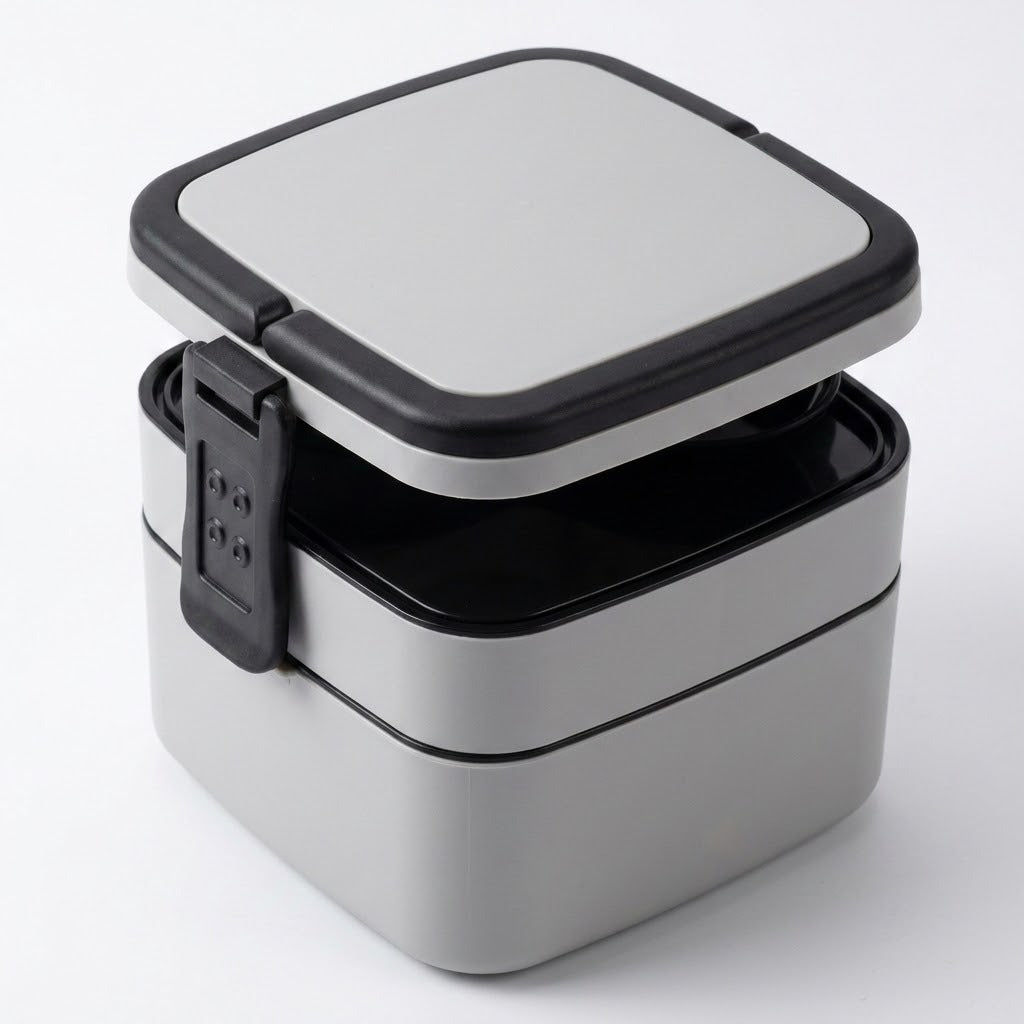 A square stainless steel lunch box with a black and silver lid, shown open to reveal a black interior, on a clean white background.