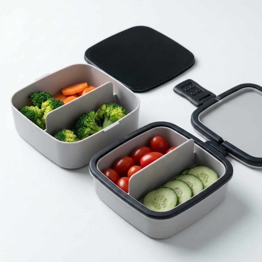 Two gray compartment bento-style lunch boxes with black lids, shown open and filled with broccoli, carrots, cherry tomatoes, and cucumber slices on a clean white background.