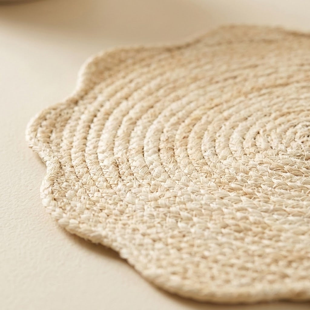 A close-up of a round woven placemat or coaster made from natural jute or straw fibers, showing a scalloped edge and a textured spiral weave pattern on a warm beige surface.