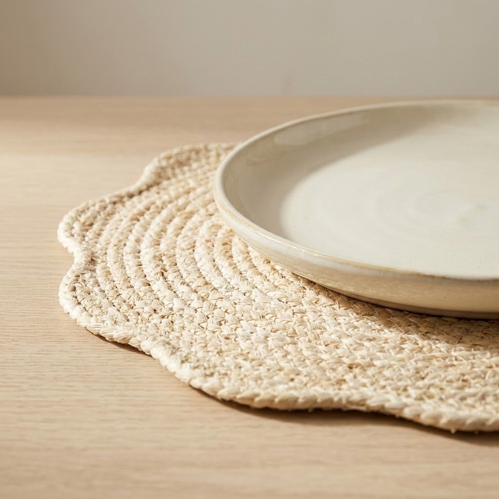 A round woven beige placemat with scalloped edges on a light wood table, holding a ceramic plate.