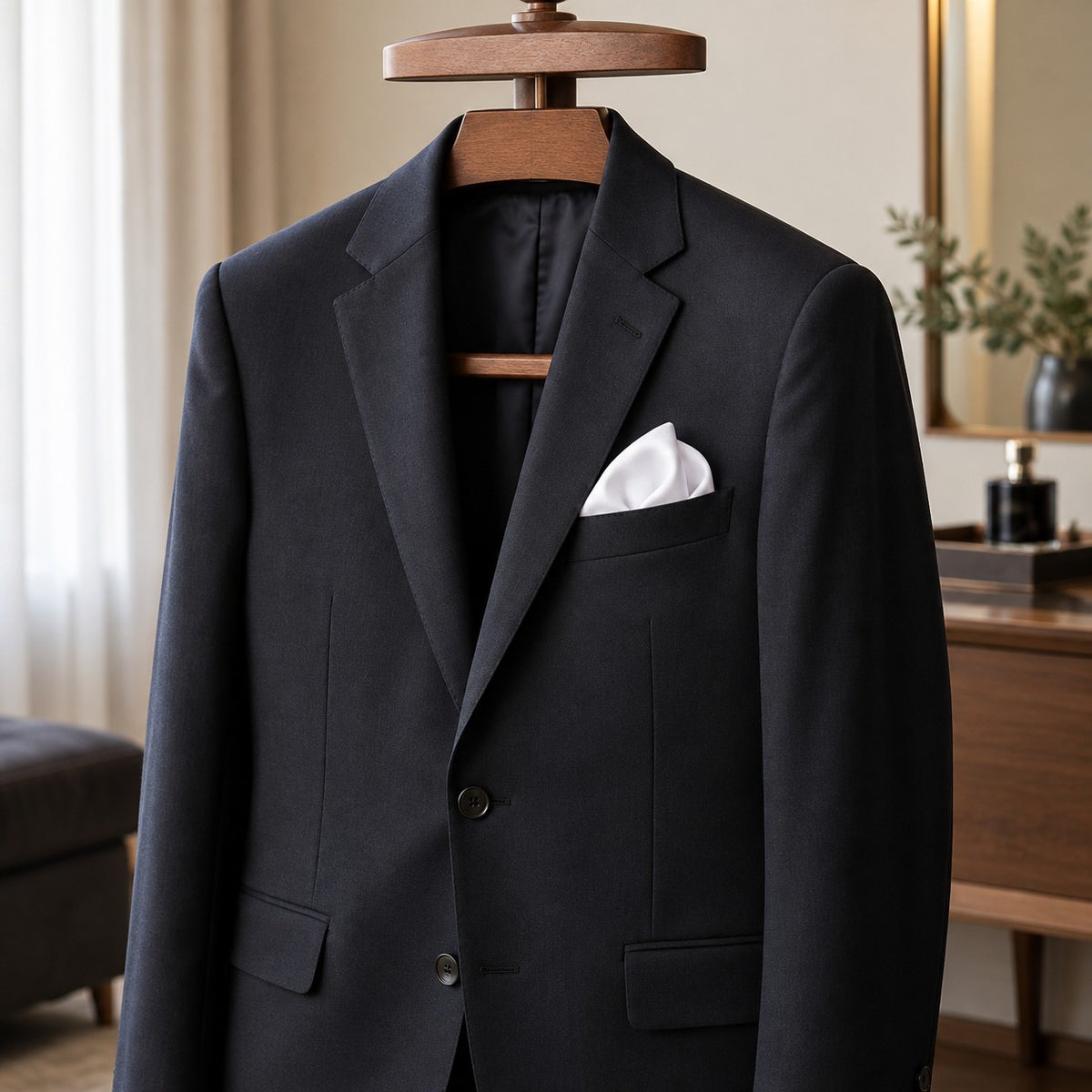 A plain white polyester pocket square adds a neat finishing detail to a dark suit jacket in a dressing room.