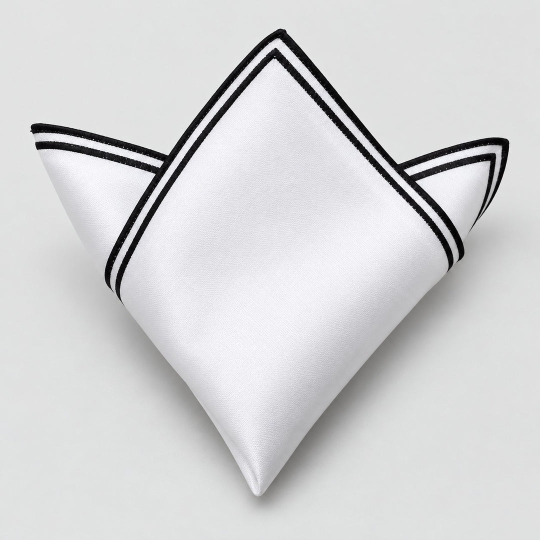 One white polyester pocket square with a double black border is folded on a pale gray background.