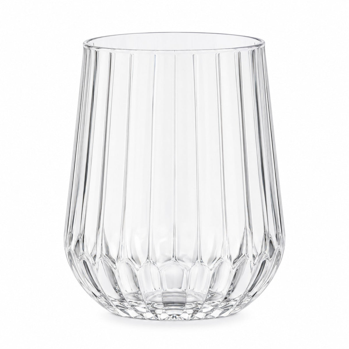 One clear stemless ribbed plastic wine glass stands alone on a white background.