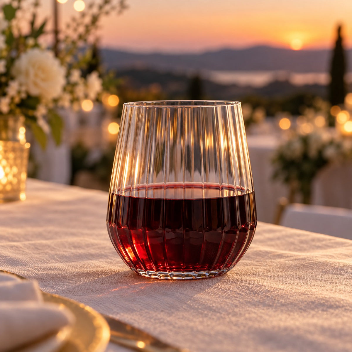 Stemless ribbed plastic wine glass serves red wine at an outdoor wedding reception table.