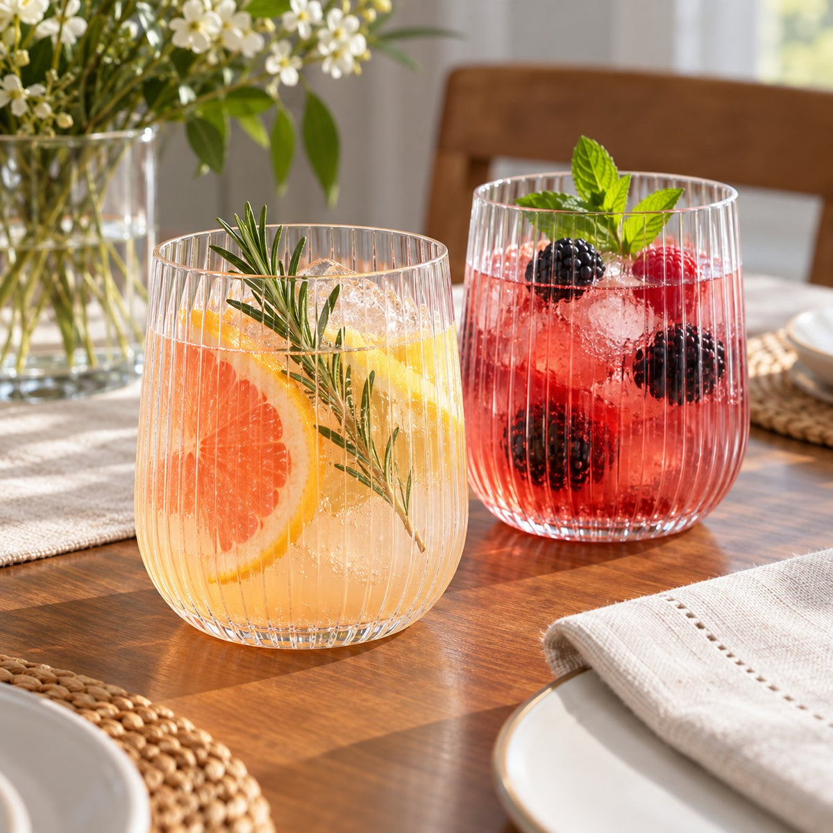 Ribbed stemless plastic wine glasses display citrus and berry cocktails on a home dining table.