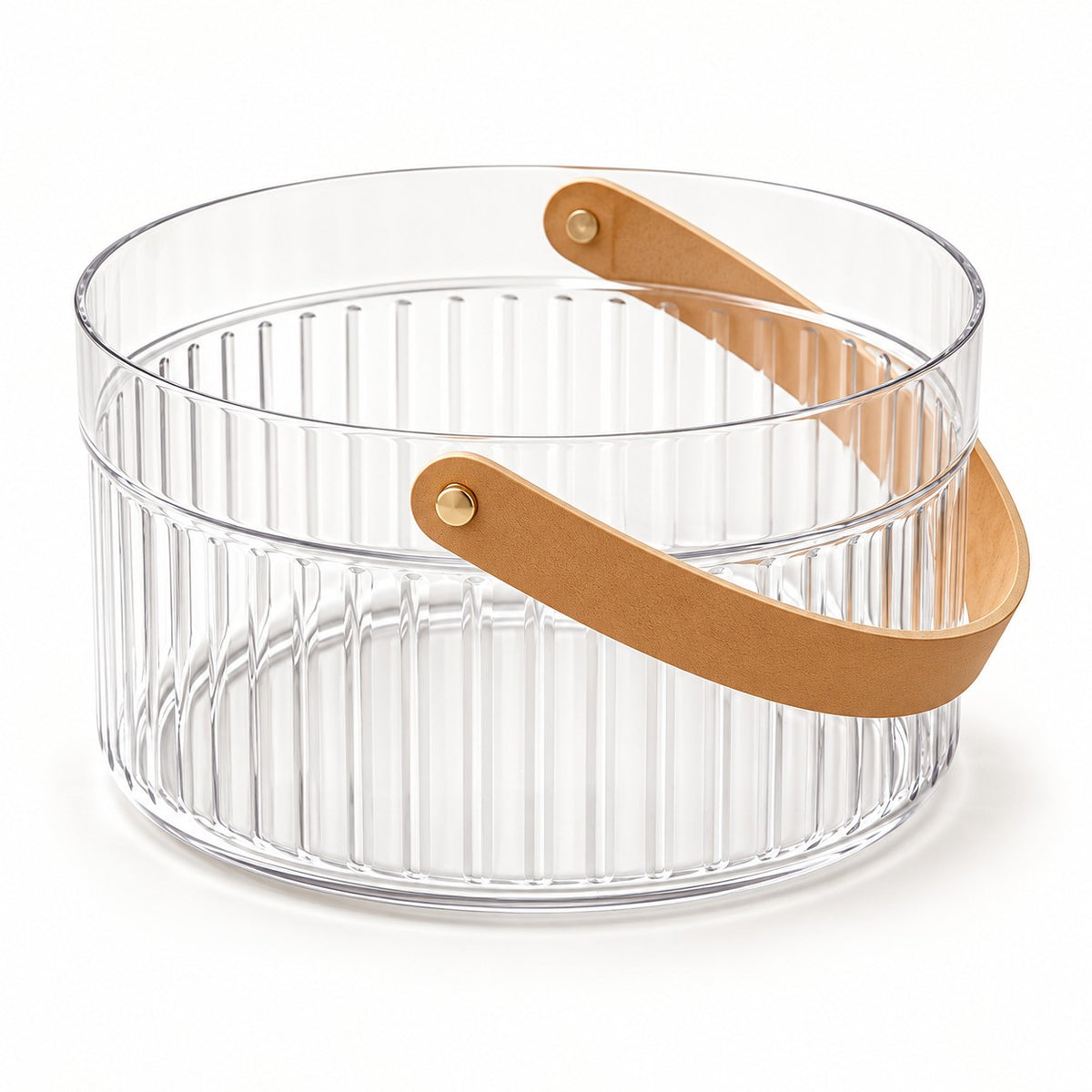 Clear Ice Bucket with Handle highlights its transparent fluted plastic and carry strap.