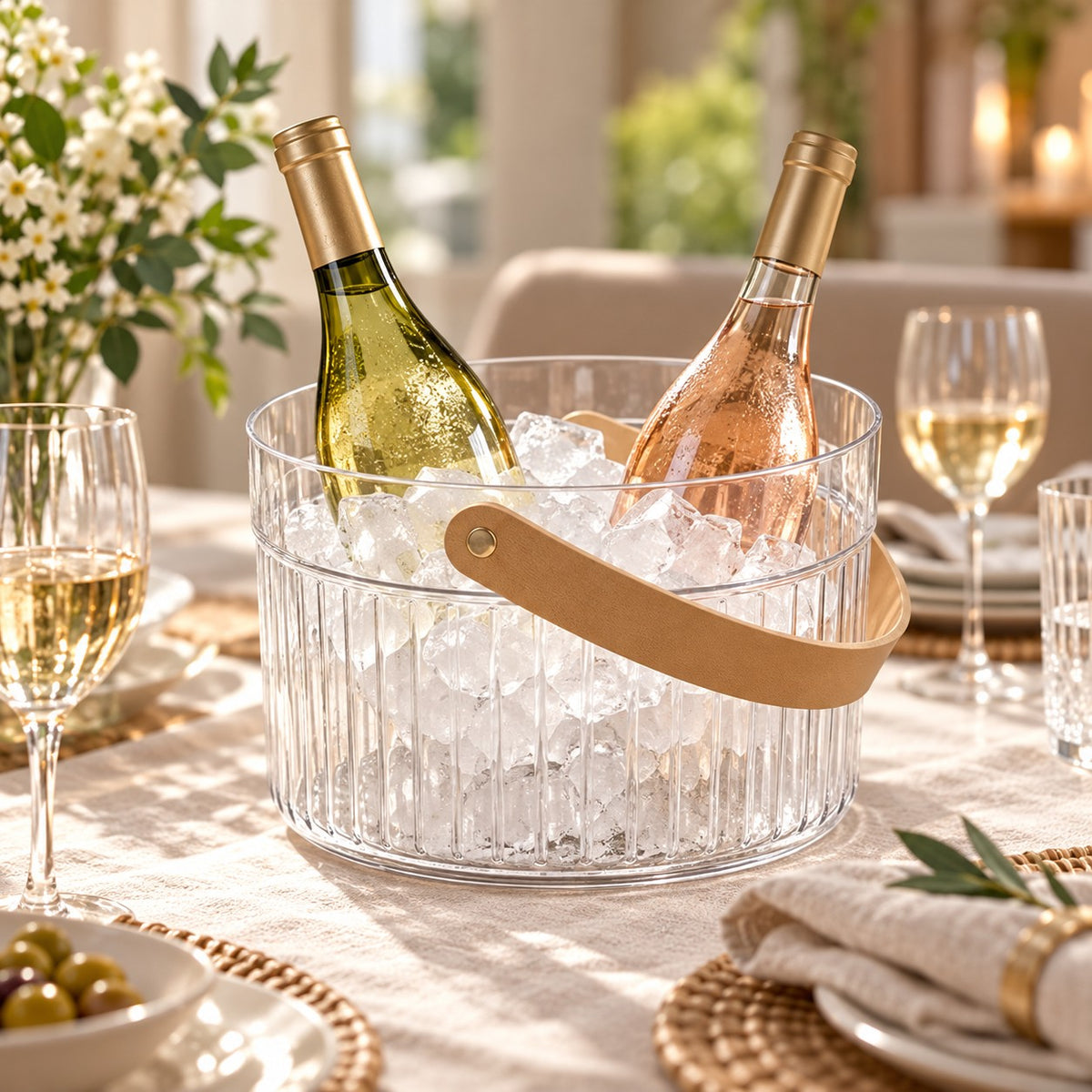 Clear Ice Bucket with Handle chills wine bottles for serving at a dining table.