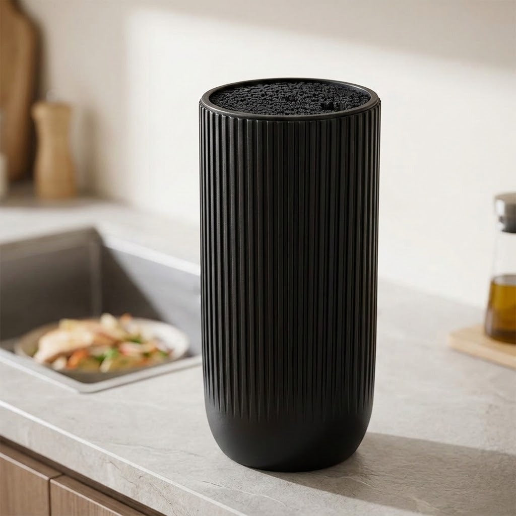 A tall black ribbed cylindrical container or vase with a textured top, standing on a light gray kitchen countertop near a sink.