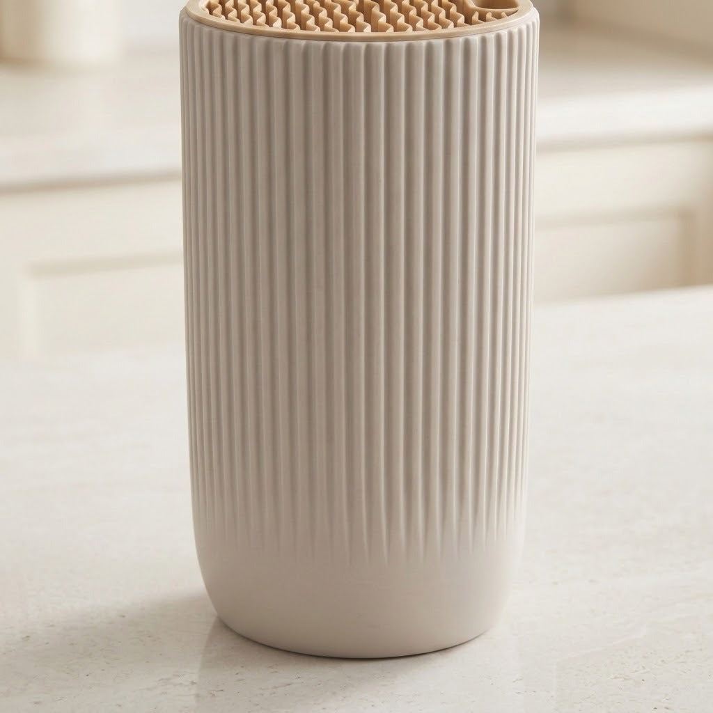 A ribbed ceramic toothbrush holder with a natural wood lid and visible bristles, standing on a light countertop in a softly blurred kitchen setting.