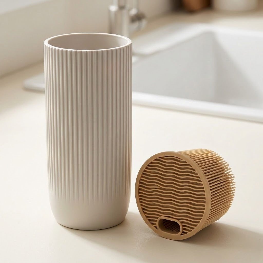 A ribbed off-white ceramic cup stands next to a round beige filter cartridge with wavy slotted texture on a light countertop near a sink.
