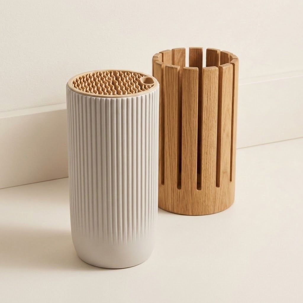 Two modern cylindrical cup holders or candle holders on a light beige surface against a white wall. One has a ribbed off-white ceramic exterior with a natural bamboo interior and lid.