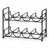 One empty black iron two-tier water bottle organizer stands alone on a white background.