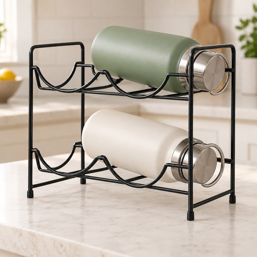 Black iron water bottle organizer shows its space-saving two-level design on a kitchen counter.
