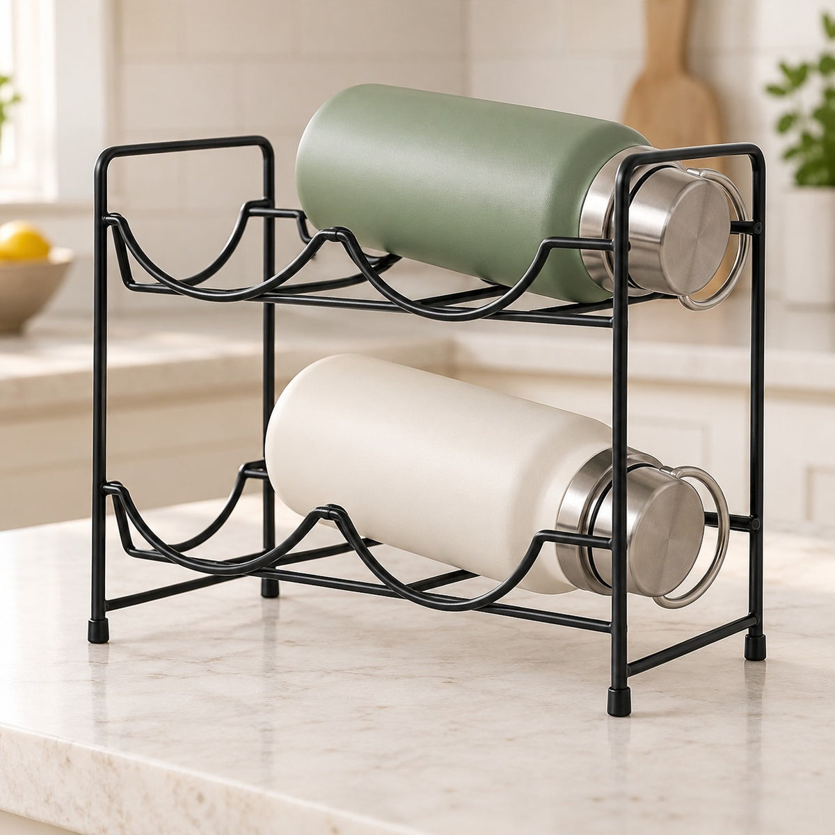 Black iron water bottle organizer shows its space-saving two-level design on a kitchen counter.