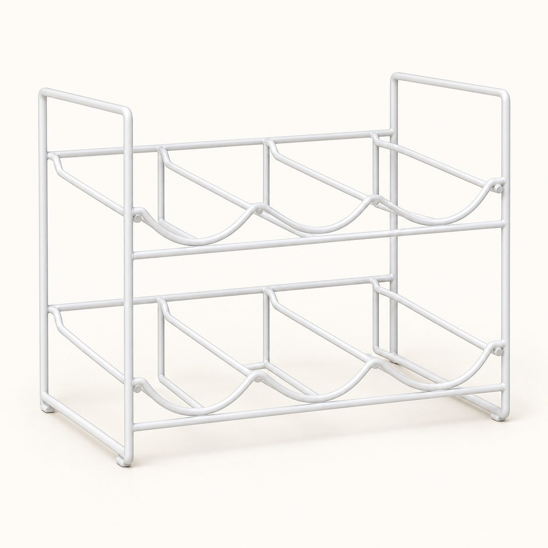 White two-tier water bottle organizer stands alone against a pale ivory studio background.