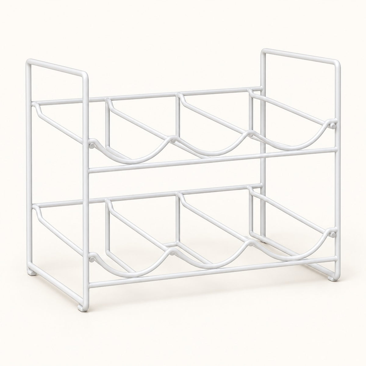 White two-tier water bottle organizer stands alone against a pale ivory studio background.