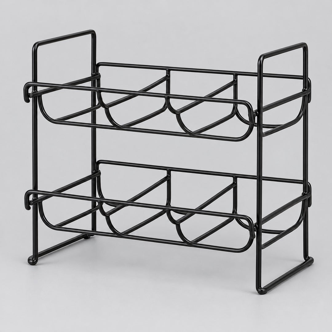 Black two-tier water bottle organizer stands alone against a pale gray studio background.