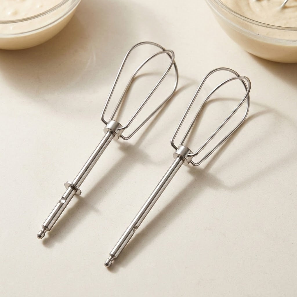 Two stainless steel electric hand mixer beaters placed on a light beige surface, with partial bowls of cream visible in the top corners.
