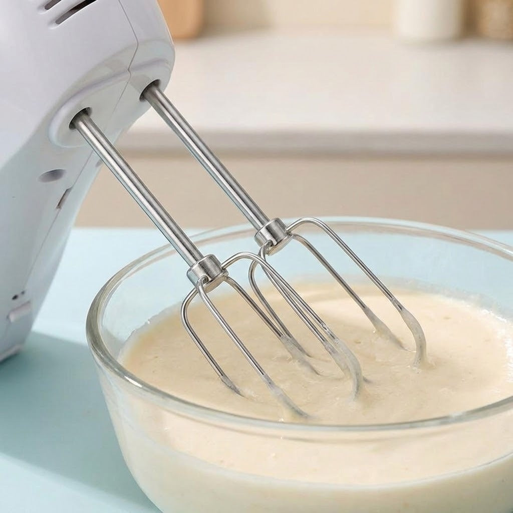 A white electric hand mixer with two stainless steel beaters is mixing a pale creamy liquid in a clear glass bowl, set against a softly blurred kitchen background.
