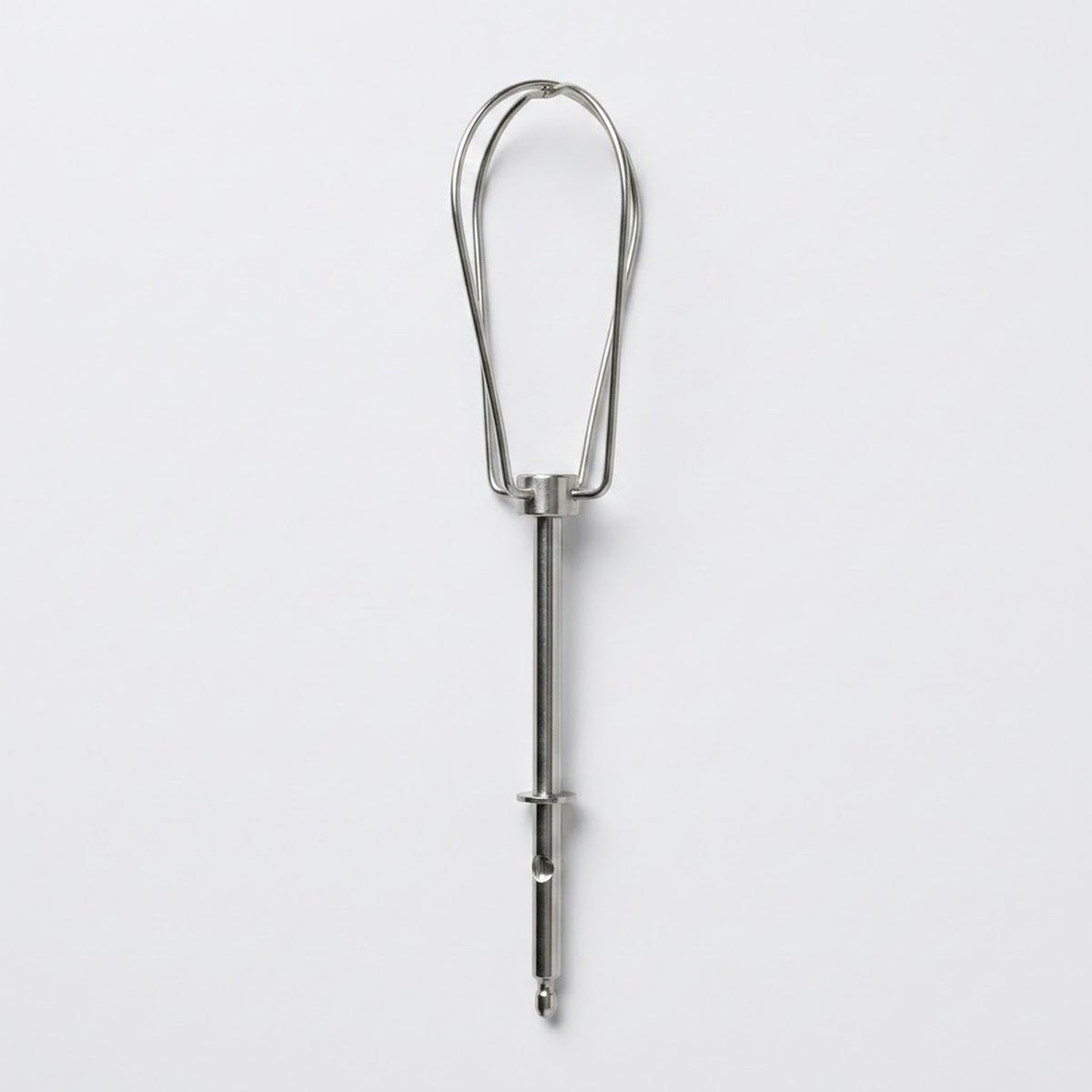A stainless steel kitchen utensil with a long straight handle and a looped head, shown vertically against a plain light gray background.