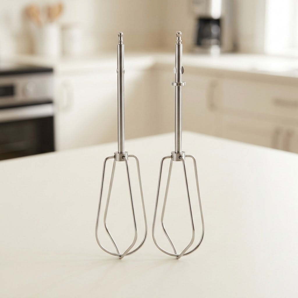 Two stainless steel electric hand mixer beaters standing upright on a white countertop in a softly blurred kitchen setting.