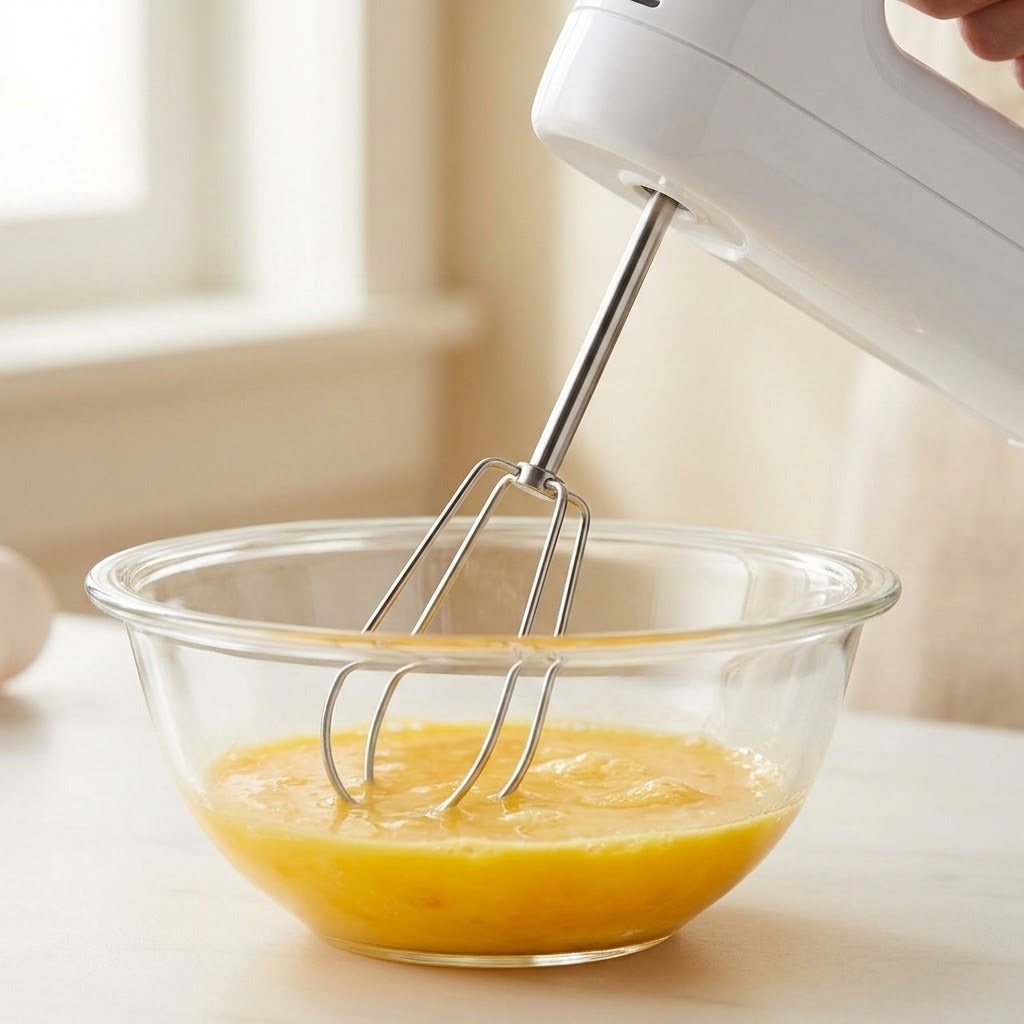 A white electric hand mixer with metal wire beaters is being used to mix a yellow-orange liquid in a clear glass bowl on a light countertop near a window.