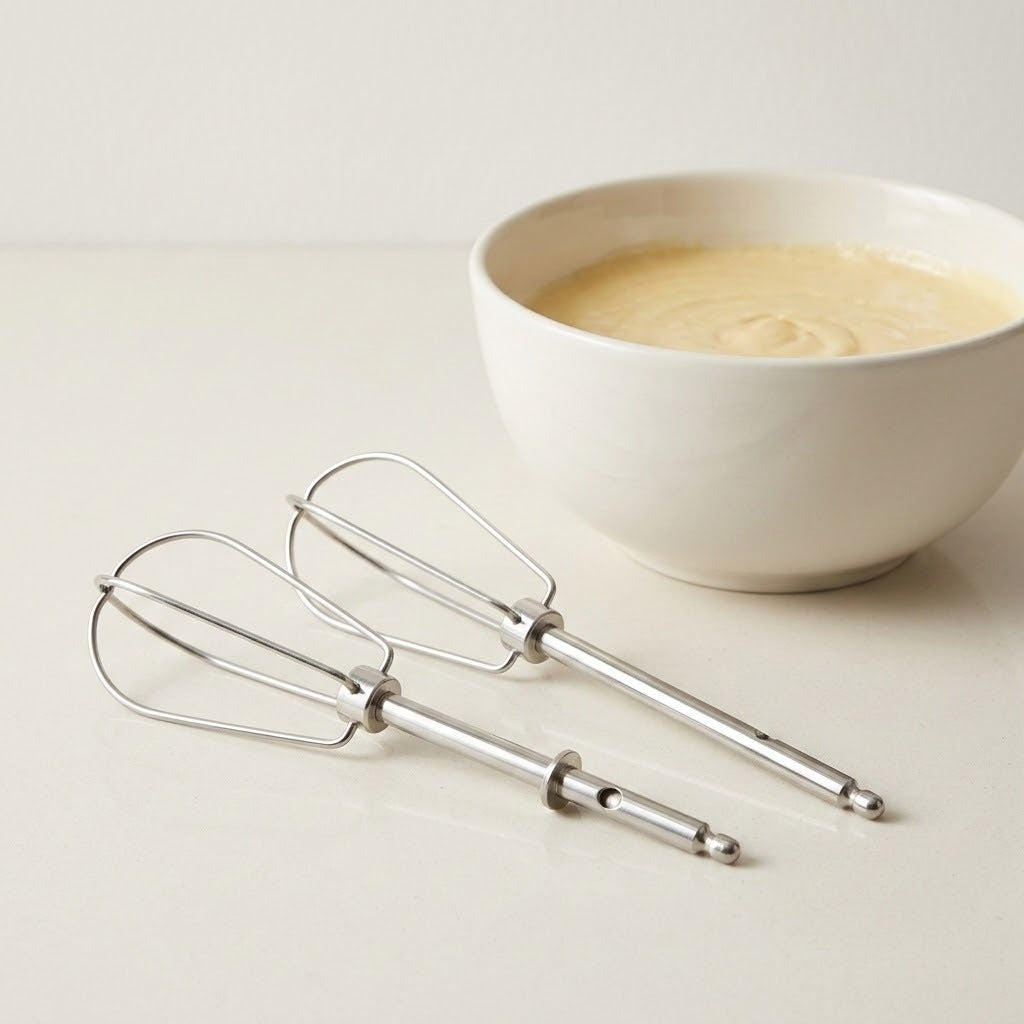 Two silver metal hand mixer beaters placed in front of a white ceramic bowl filled with pale cream-colored batter on a light neutral surface.