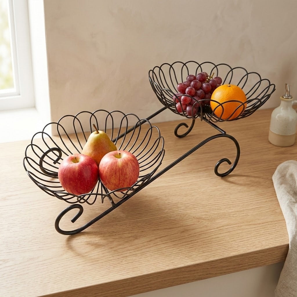 A black metal scroll-style fruit basket with two tiers, shown on a light wood countertop with apples, a pear, grapes, and an orange in the bowls.