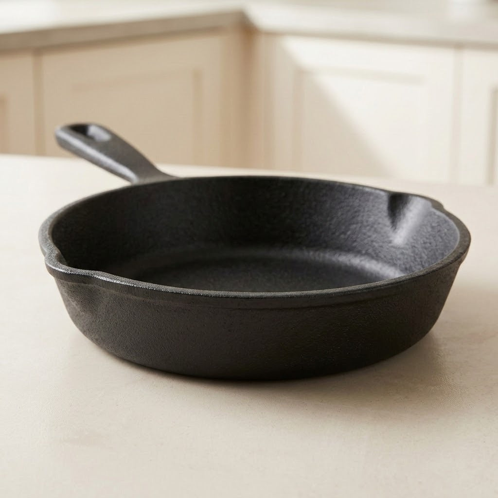 A black cast iron skillet with a textured finish and a single handle, resting on a light beige countertop with a softly blurred kitchen background.