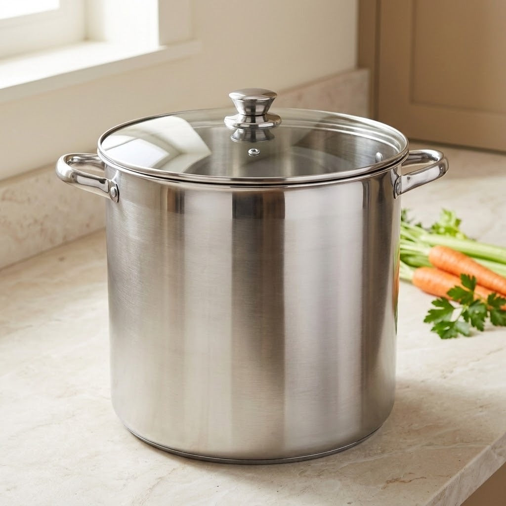 A large stainless steel stockpot with a glass lid and side handles sits on a light stone countertop in a kitchen setting, with carrots and parsley visible to the right.