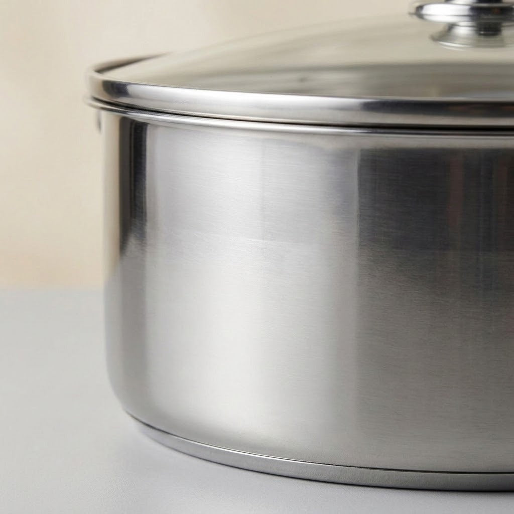 Close-up of a stainless steel pot with a matching metal rim and lid, shown on a light neutral surface with a soft beige background.