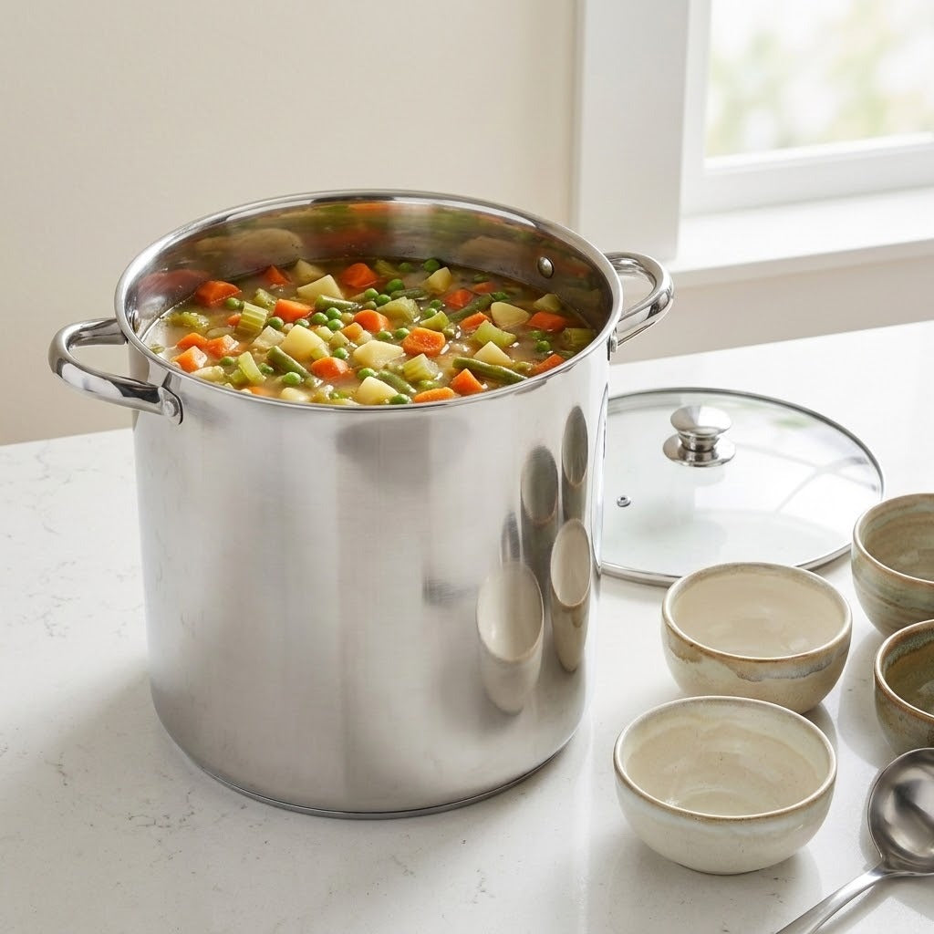 A large stainless steel stockpot filled with a vegetable soup sits on a light countertop beside a glass lid and several small ceramic bowls.