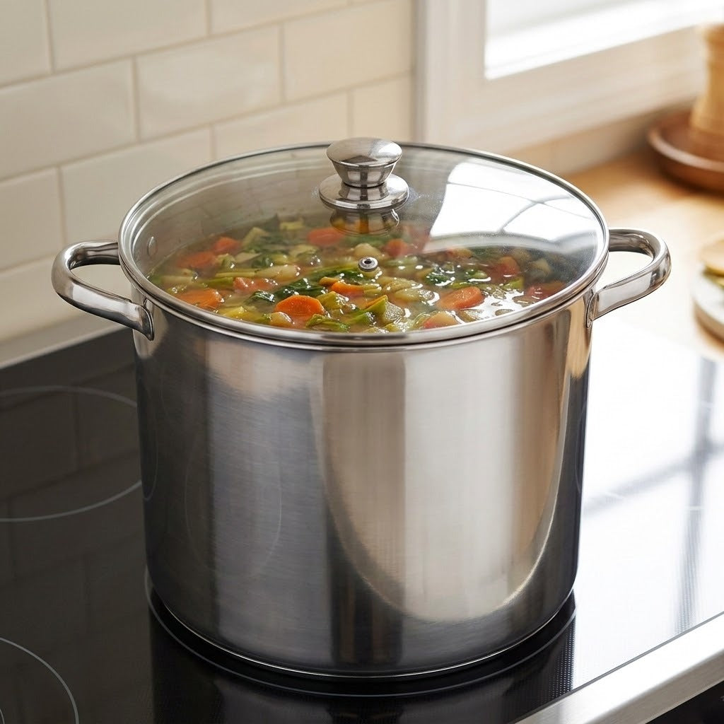 A large stainless steel stockpot with a clear glass lid sits on a black stovetop in a kitchen. The pot has two side handles and is filled with a colorful vegetable soup.