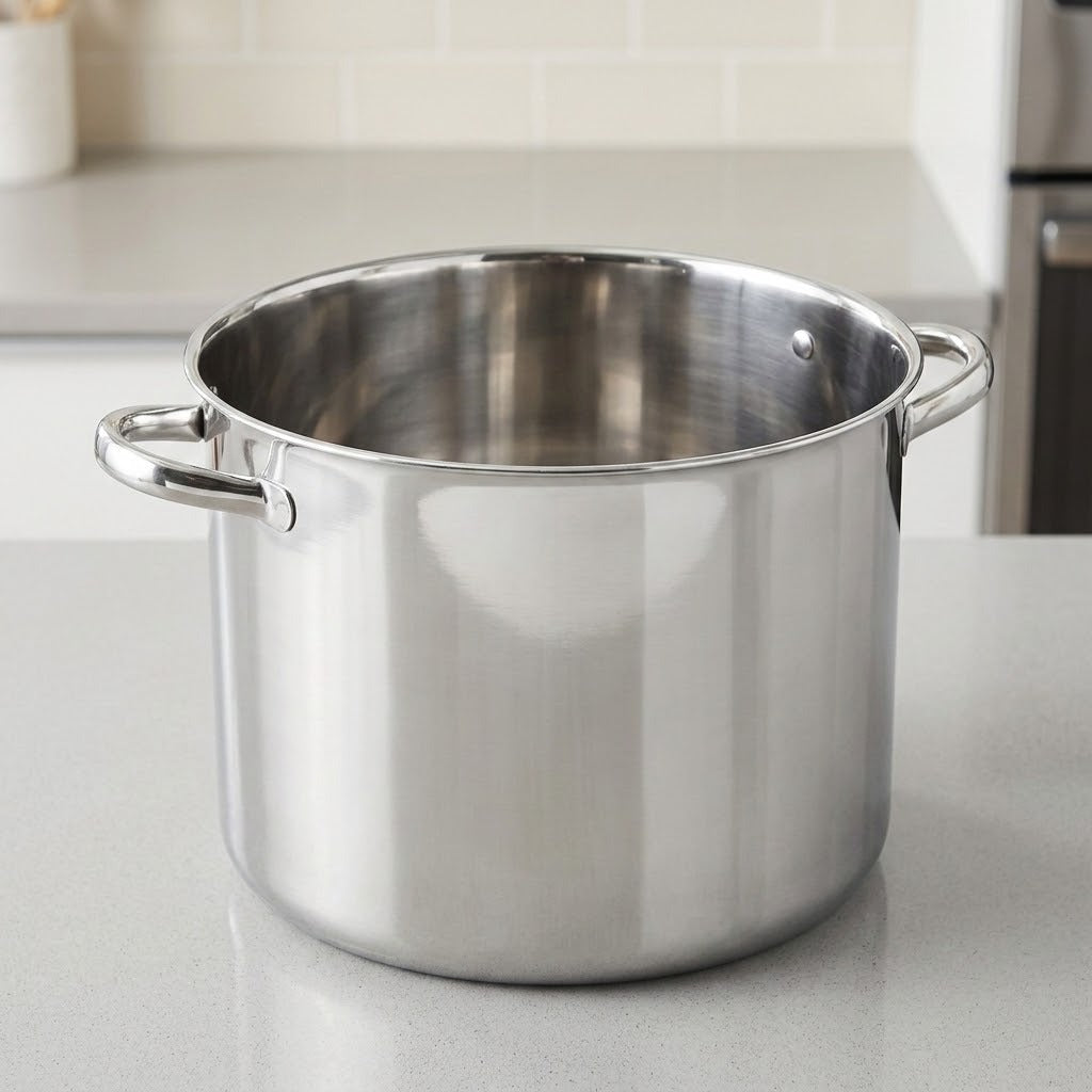 A large stainless steel stockpot with two side handles, sitting on a light gray kitchen countertop.