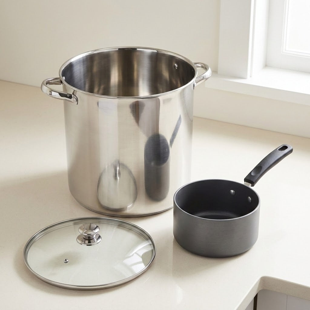 A stainless steel stockpot with side handles and a matching glass lid, alongside a smaller dark gray saucepan with a black handle, set on a light kitchen countertop near a window.