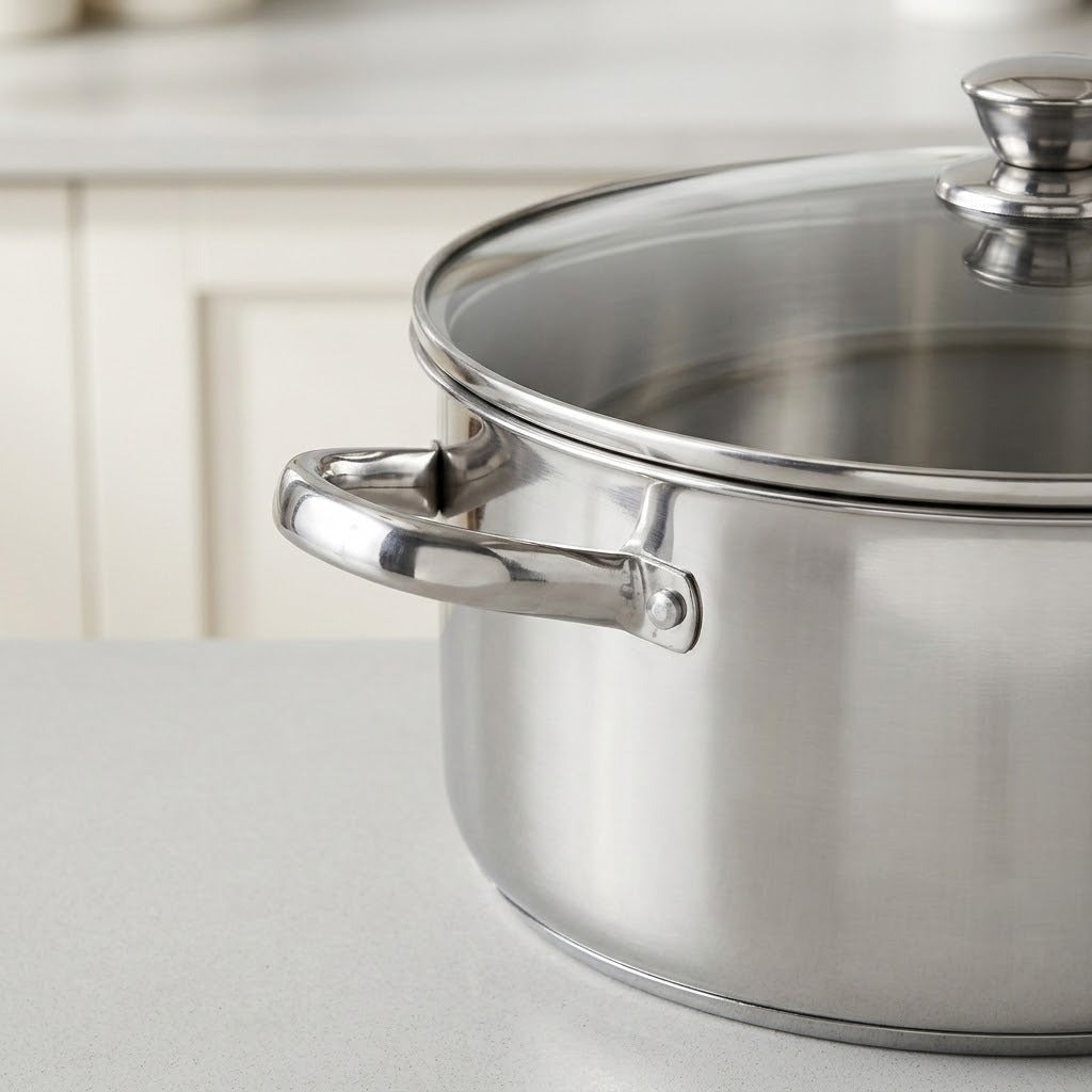 A stainless steel stockpot with a matching glass lid and chrome handle, shown on a light gray countertop with a blurred kitchen background.