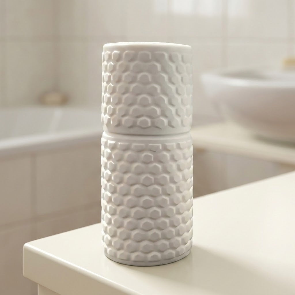 A pair of white textured ceramic toothbrush holders stacked on top of each other, resting on a bathroom counter with a sink and tiled wall blurred in the background.