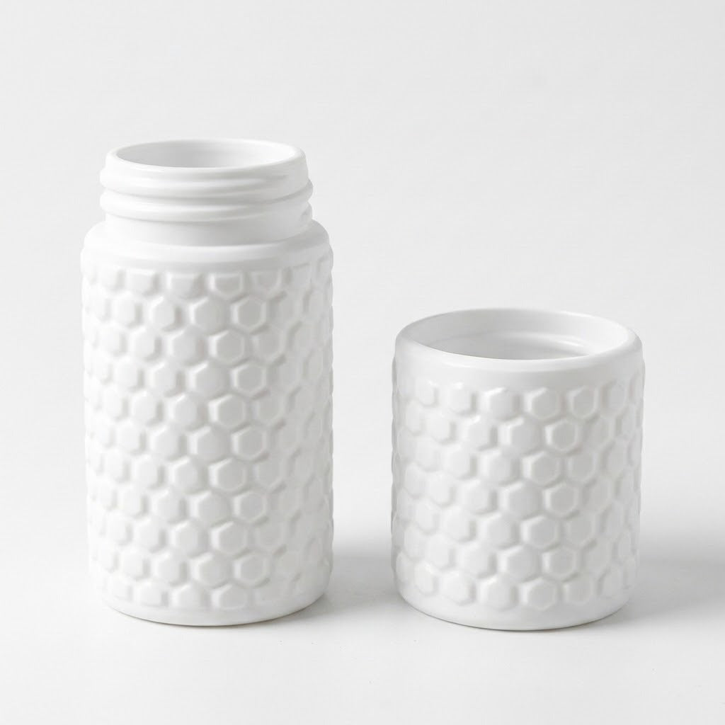 A white textured bottle with a matching small cup or lid piece, both featuring a raised honeycomb pattern, photographed on a clean white background.