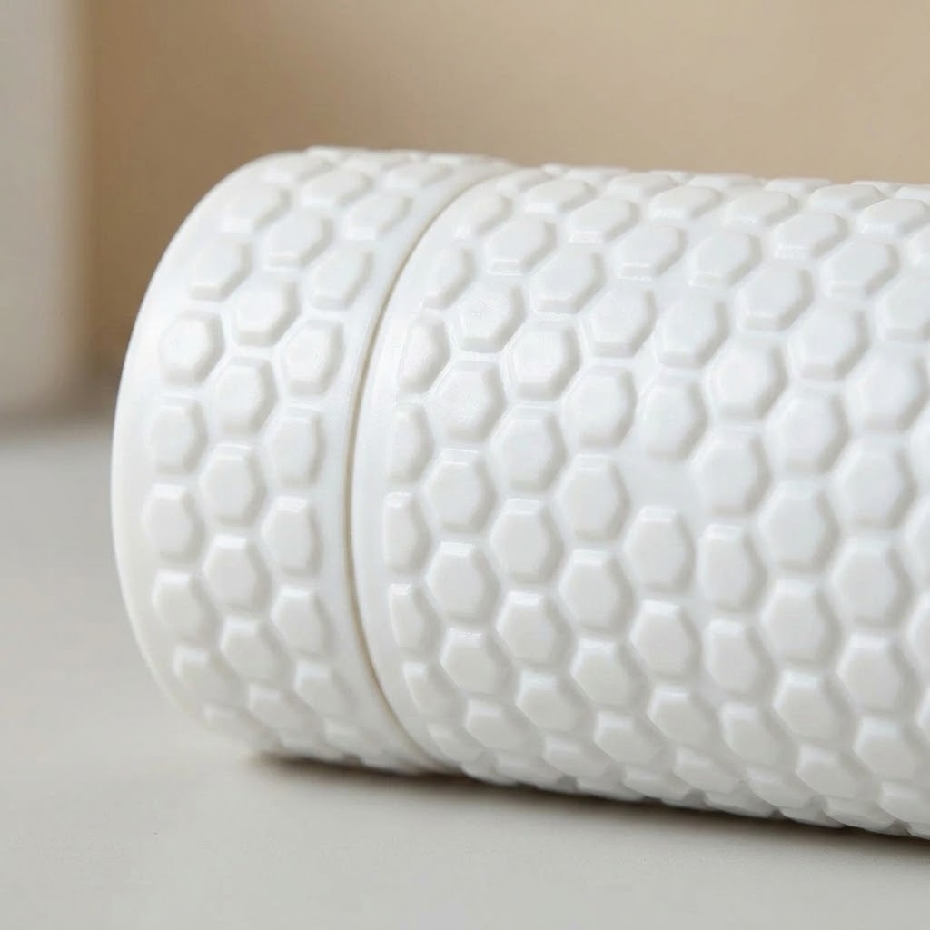 A close-up of a white cylindrical product with a raised honeycomb or hexagonal textured pattern, photographed on a light neutral surface with a soft beige background.