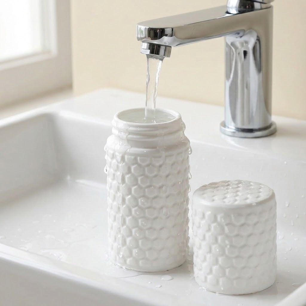 Two white textured mason-jar-style containers with a honeycomb pattern sit in a white sink under a chrome faucet, with water flowing into the larger container.