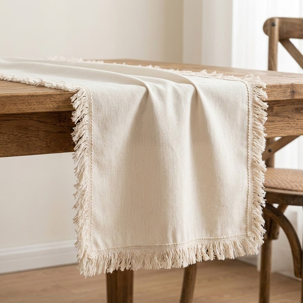 An off-white woven table runner with fringed edges draped over a rustic wooden dining table, with a wooden chair visible in the softly lit background.