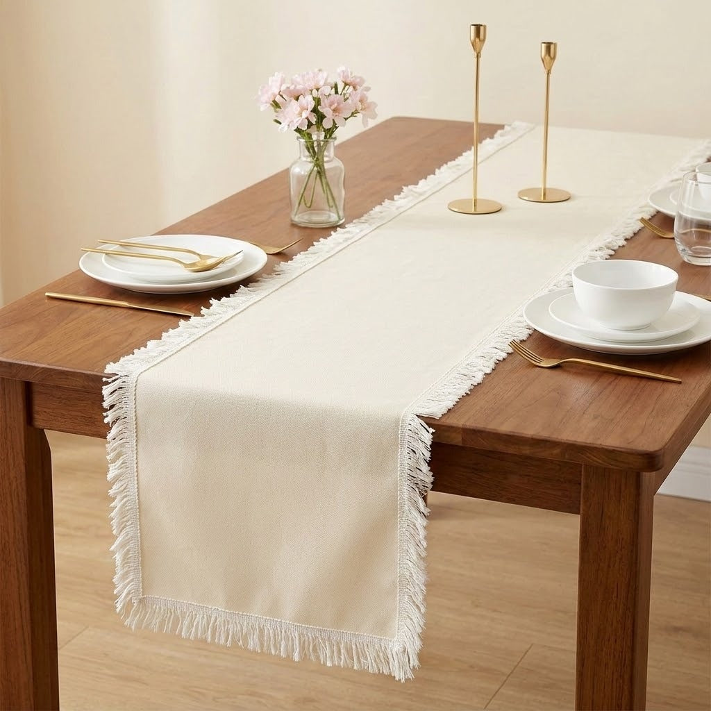 An off-white woven table runner with fringe trim laid down the center of a wooden dining table, styled with white plates, gold cutlery, and a small vase of pink flowers.
