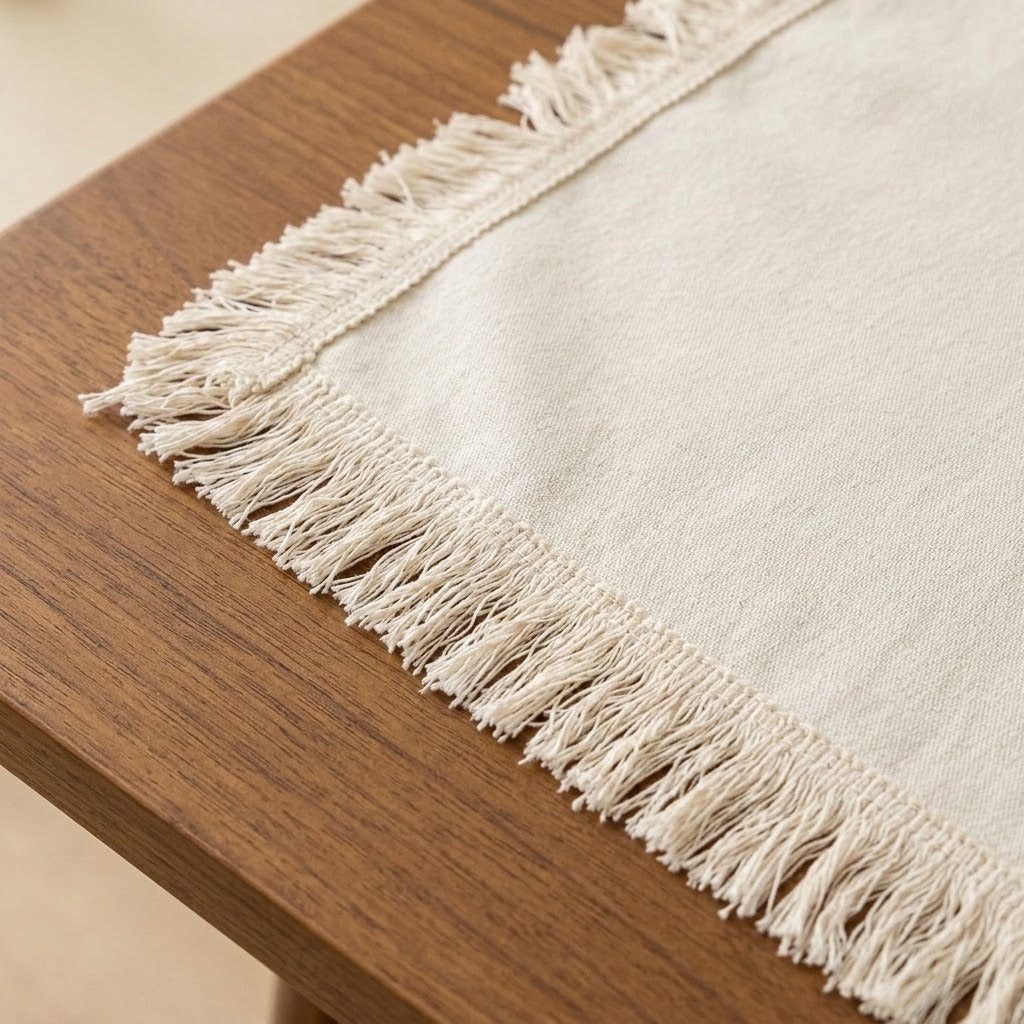 A close-up of a cream-colored woven textile with fringe trim laid on a wooden tabletop.