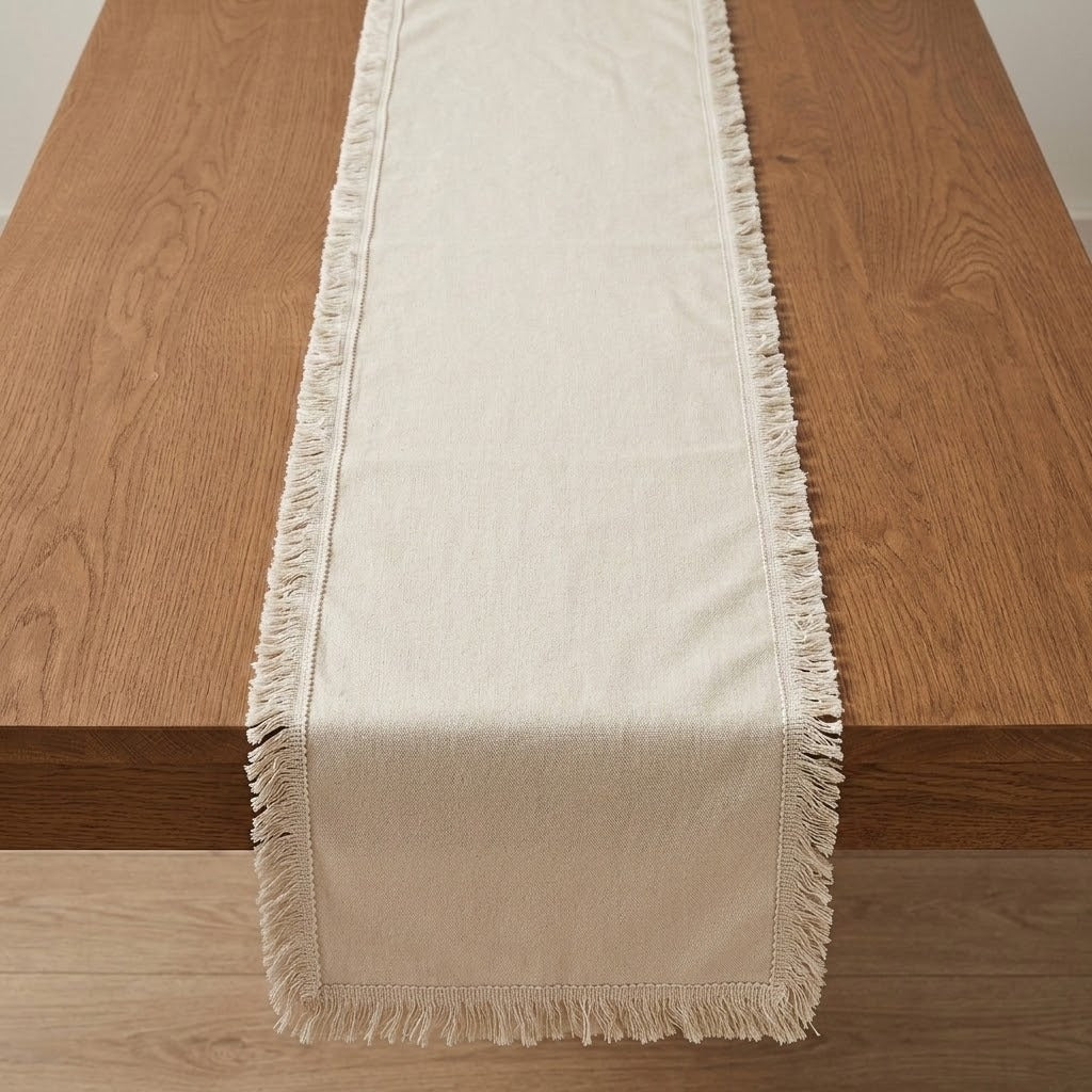 An off-white cotton table runner with fringed edges laid across a wooden dining table.